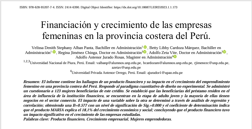 Financiamiento y crecimiento empresarial femenino en la provincia costera del Perú. 